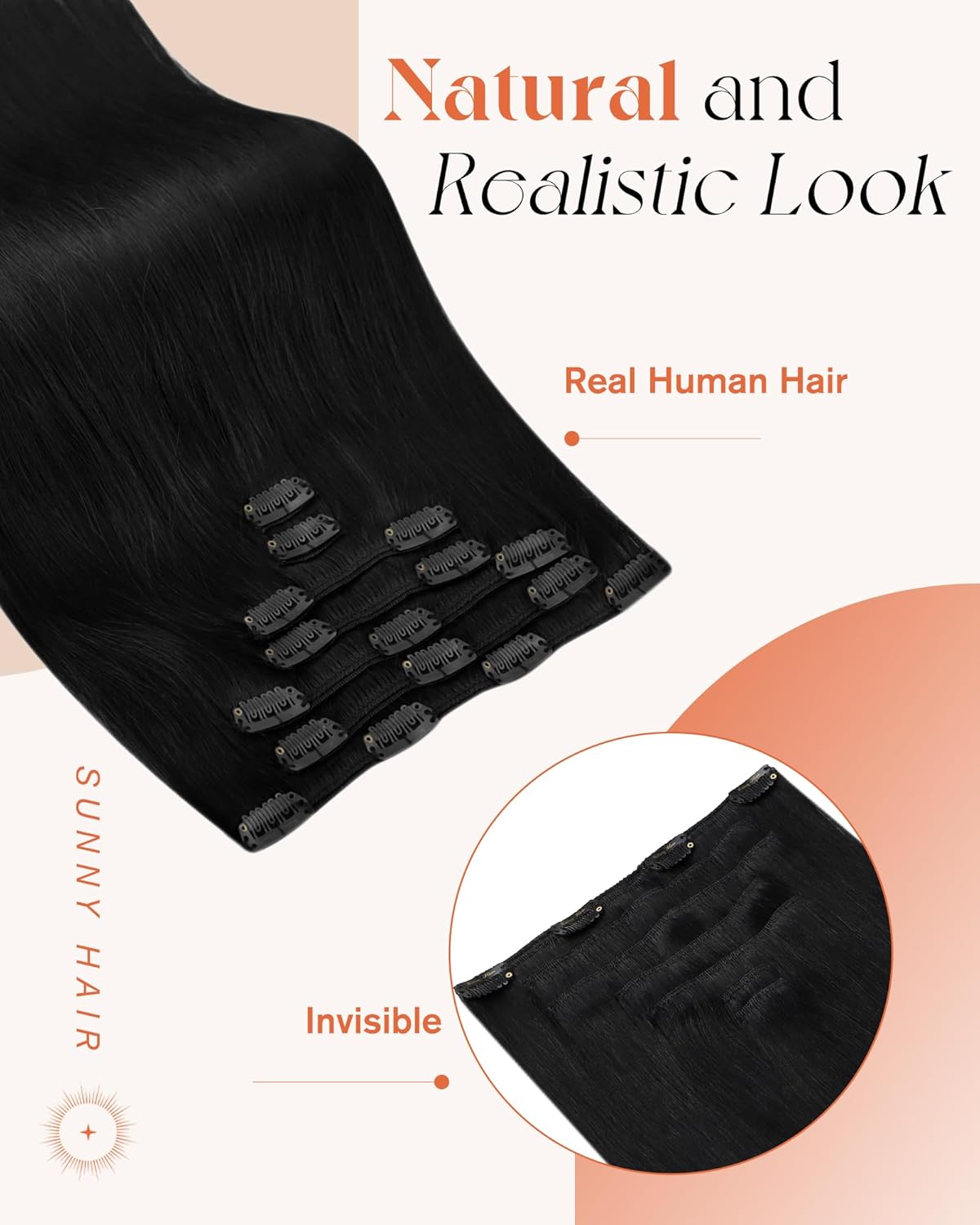 Sunny Hair Clip in Hair Extensions Straight Human Hair Clip in Extensions Remy Clip in Hair Extensions Real Human Hair Extensions Clip ins Jet Black for Women 22inch