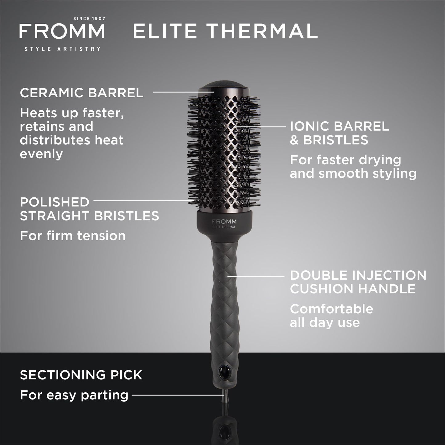 Fromm Elite Thermal Ceramic x Ionic 1.25 Inch Round Hair Brush for Expert Blowouts, Hair Drying, Extended Barrel for Anti-Static Styling, Smoothing, Straightening, and Shine, Ideal for Short Hair