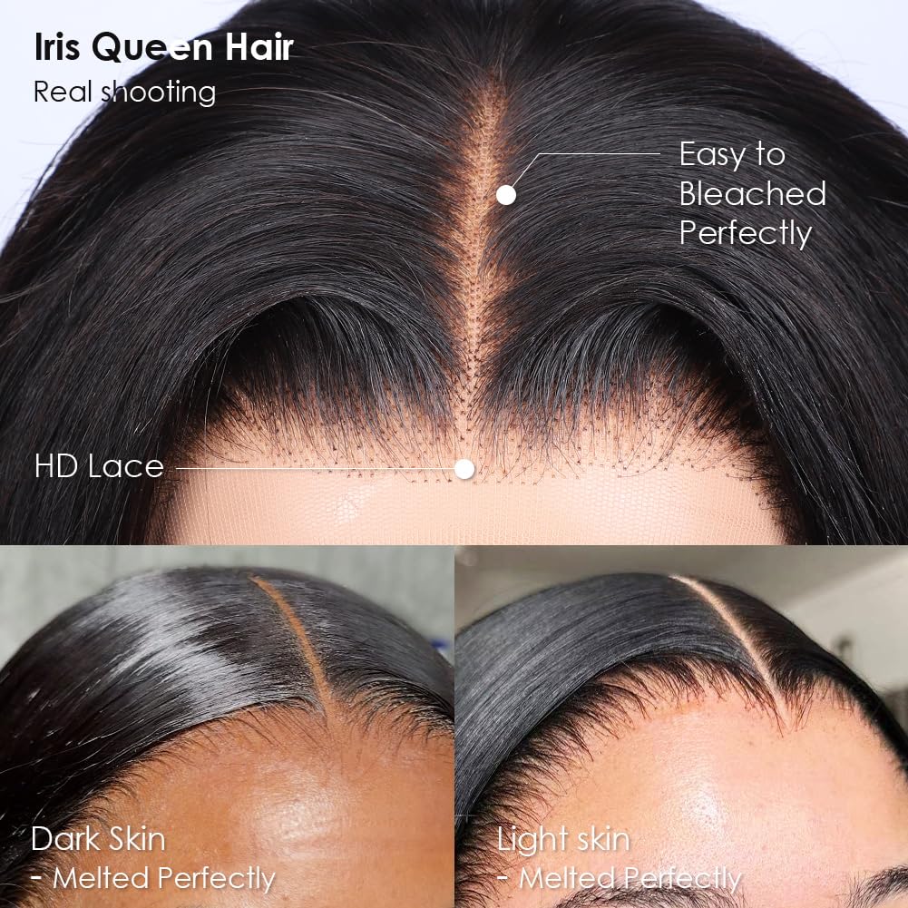 Iris Queen 28 Inch Straight HD Lace Front Wigs Human Hair Pre Plucked 12A 180 Density 13x4 Transparent Lace Frontal Wig with Baby Hair Natural Black for Women