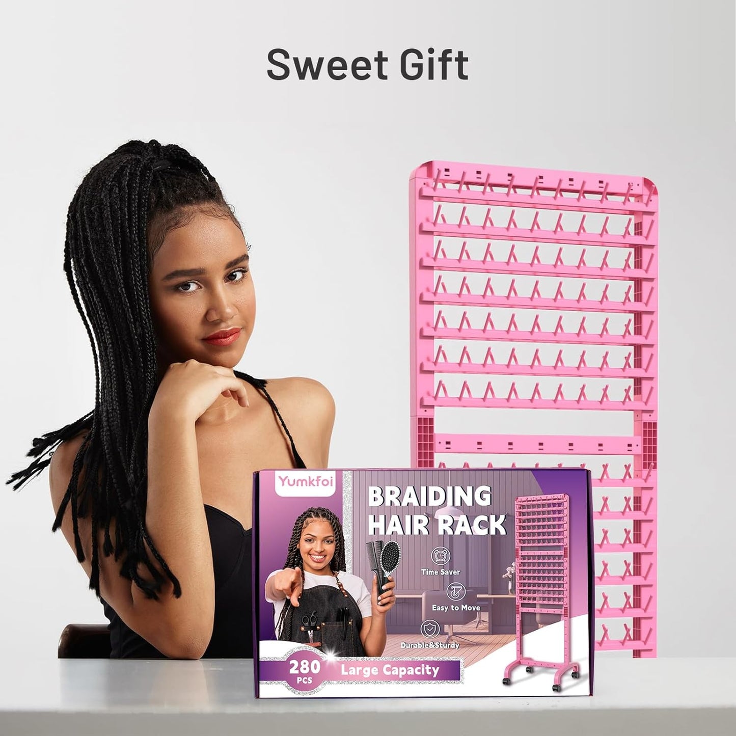 Adjustable Braiding Rack 280 Pegs, 2-Sided Braiding Hair Rack, Hair Racks for Braiders Standing with Wheels, Pink Hair Separator Braid Rack for Braiders Standing for Stylists