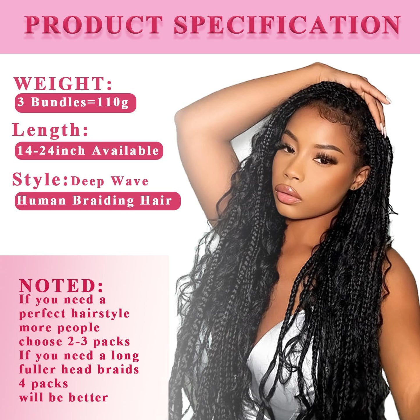 22 Inch Human Braiding Hair for Boho Braids Deep Wave Bulk Human Hair 100% Unprocessed Brazilian Virgin Hair for Braiding Bohemian No Weft 3 Bundles 110g Natural Color