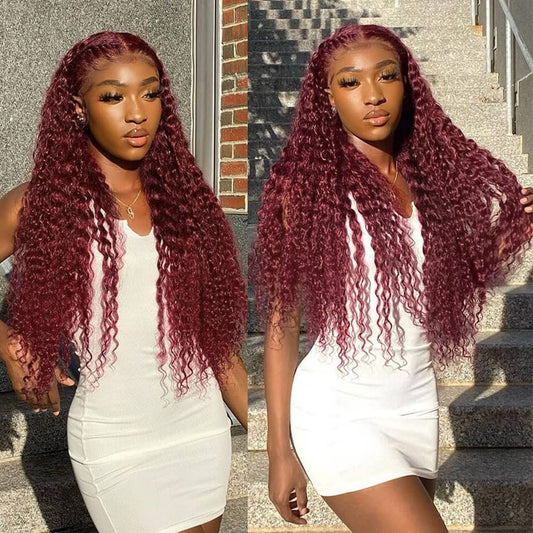 Pizazz 99J Burgundy Lace Front Wigs Human Hair Pre Plucked 12A 13x4 HD Lace Frontal Wigs with Baby Hair 180 Density Red Deep Wave Human Hair Wigs for Women(26 Inch)