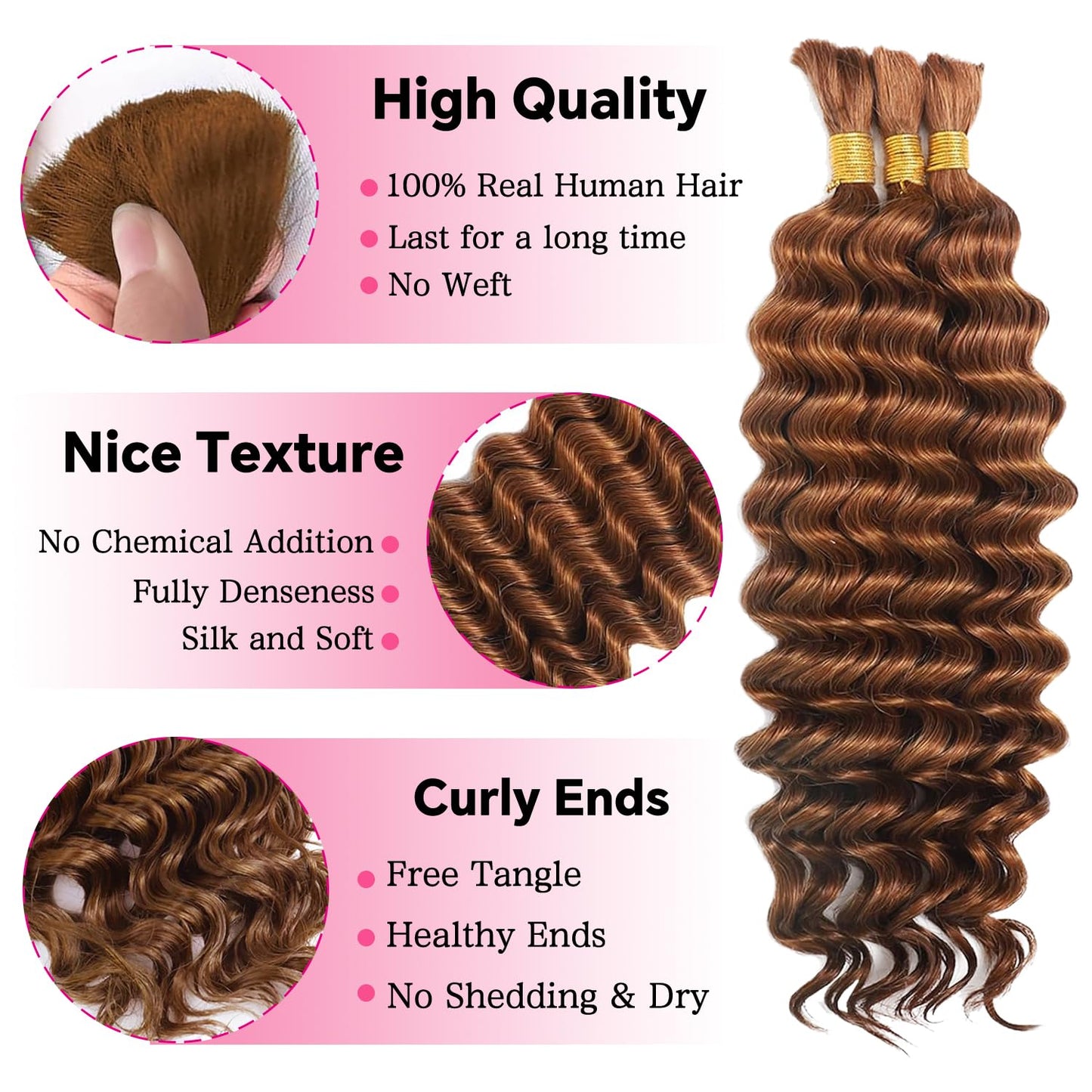 22 Inch Human Braiding Hair for Boho Braids Deep Wave Bulk Human Hair 100% Unprocessed Brazilian Virgin Hair for Braiding Bohemian No Weft 3 Bundles 110g Natural Color