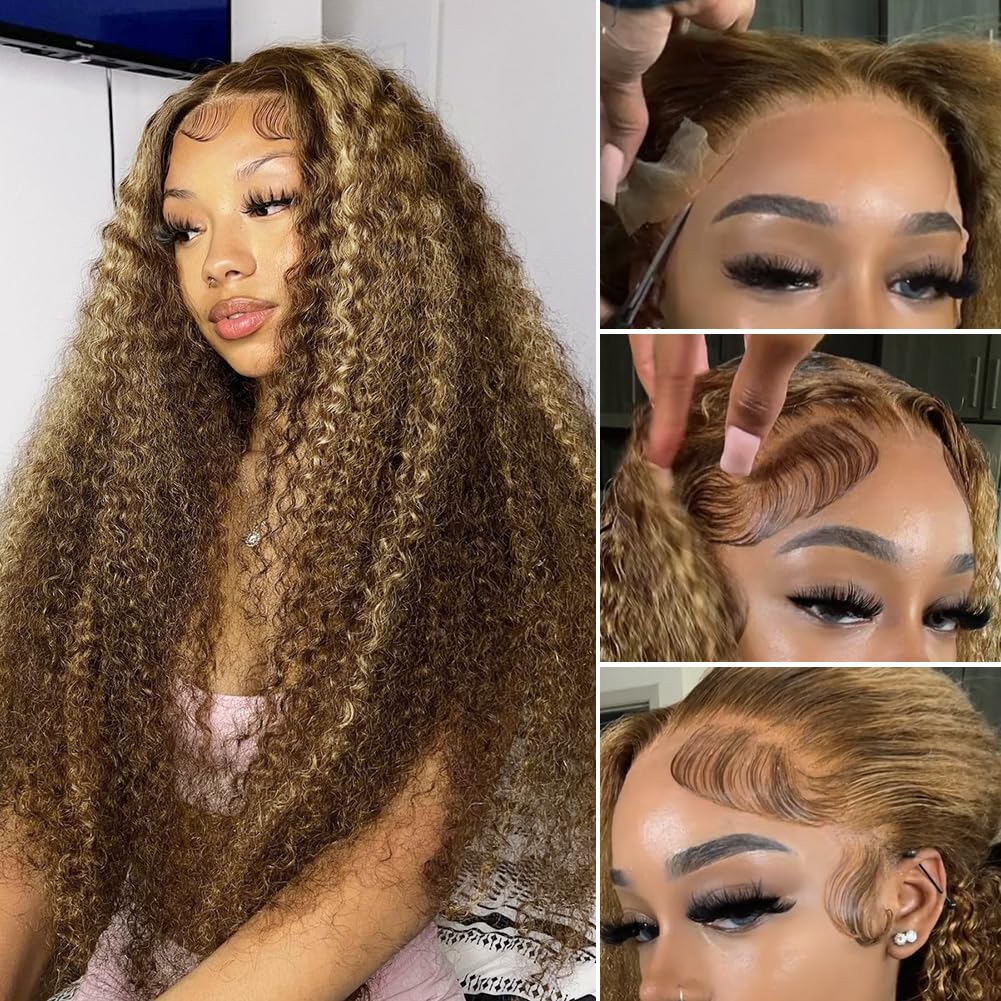 CYNOSURE 13x5 Highlight Ombre Deep Curly Lace Front Wigs Human Hair 26Inch Honey Blonde Jerry Curly Wig Human Hair HD Transparent Lace Frontal Wigs Pre Plucked 180 Density Human Hair for Women