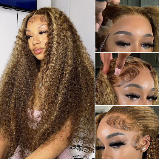 CYNOSURE 13x5 Highlight Ombre Deep Curly Lace Front Wigs Human Hair 26Inch Honey Blonde Jerry Curly Wig Human Hair HD Transparent Lace Frontal Wigs Pre Plucked 180 Density Human Hair for Women