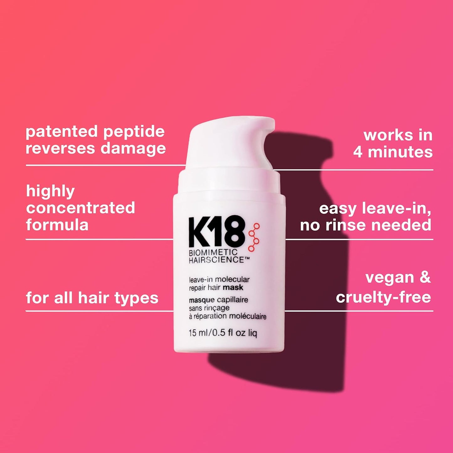 K18 Leave-In Molecular Hair Mask, Repairs Dry or Damaged Hair, Reverse Hair Damage from Bleach, Color, Chemical Services & Heat