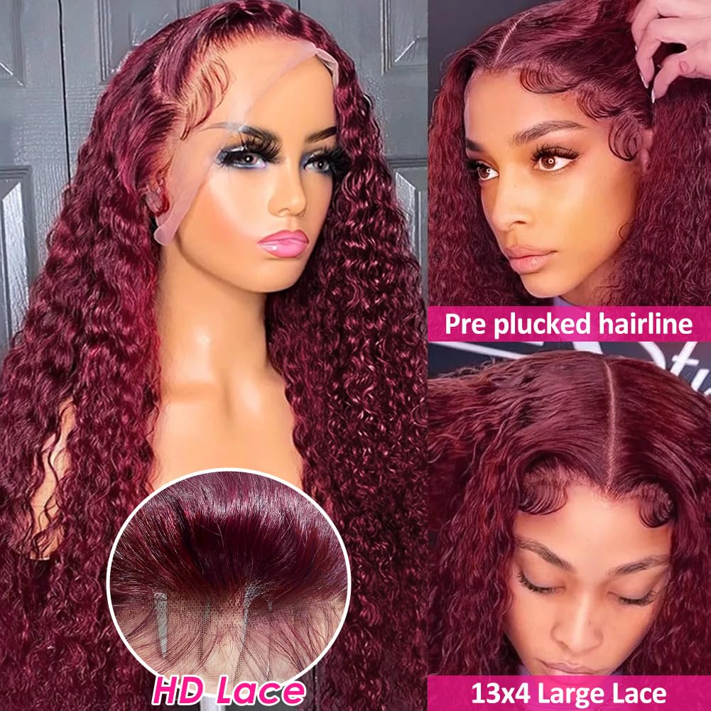 Pizazz 99J Burgundy Lace Front Wigs Human Hair Pre Plucked 12A 13x4 HD Lace Frontal Wigs with Baby Hair 180 Density Red Deep Wave Human Hair Wigs for Women(26 Inch)