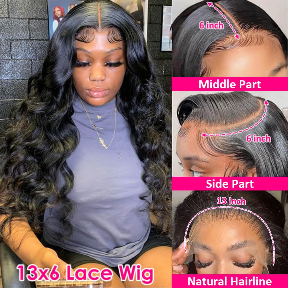 Pizazz 13x6 HD Transparent Lace Front Wigs Human hair Pre Plucked 180 Density Brazilian Body Wave Frontal Wigs Human Hair with Baby Hair Natural Hairline Natural Black Color 28Inch