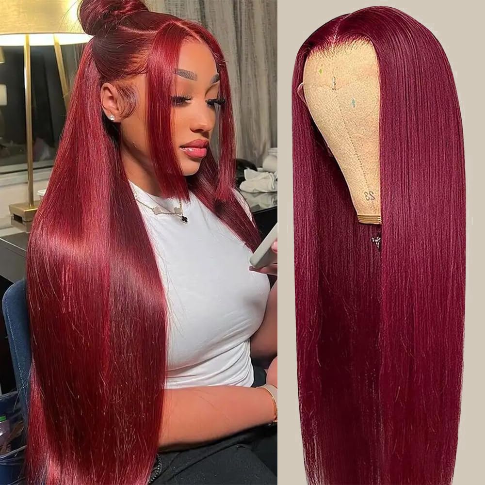 CHEETAHBEAUTY 99j Burgundy Lace Front Wigs Human Hair 26Inch 13x6 Burgundy Wig Human Hair 220% Density Brazilian Virgin Straight Human Hair Wigs for Women Pre Plucked with Baby Hair