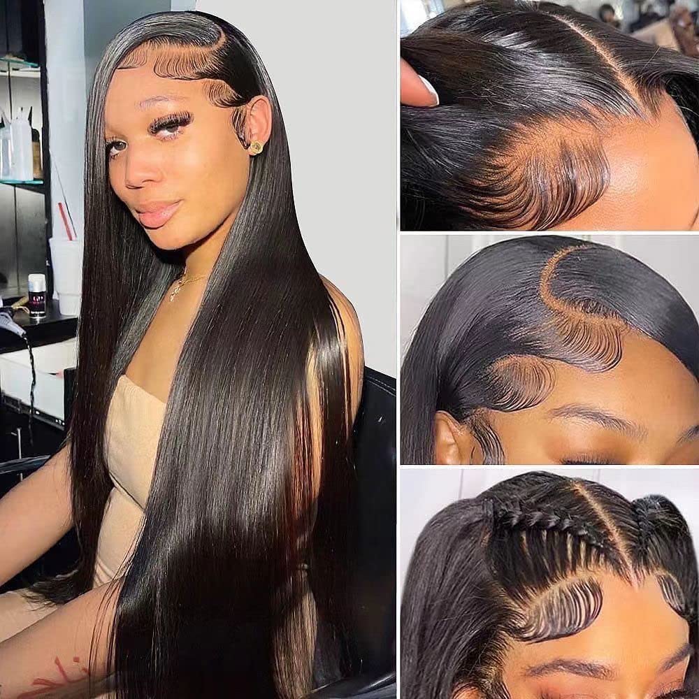 Iris Queen 28 Inch Straight HD Lace Front Wigs Human Hair Pre Plucked 12A 180 Density 13x4 Transparent Lace Frontal Wig with Baby Hair Natural Black for Women