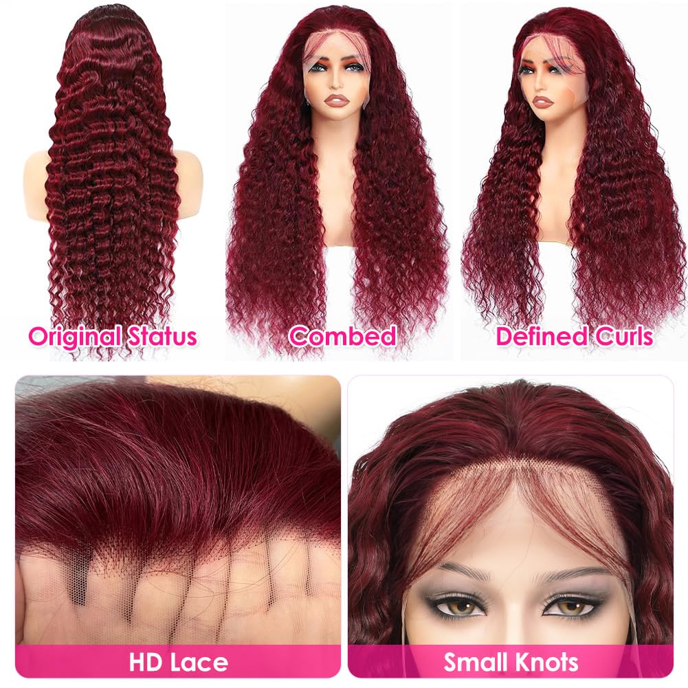 Pizazz 99J Burgundy Lace Front Wigs Human Hair Pre Plucked 12A 13x4 HD Lace Frontal Wigs with Baby Hair 180 Density Red Deep Wave Human Hair Wigs for Women(26 Inch)