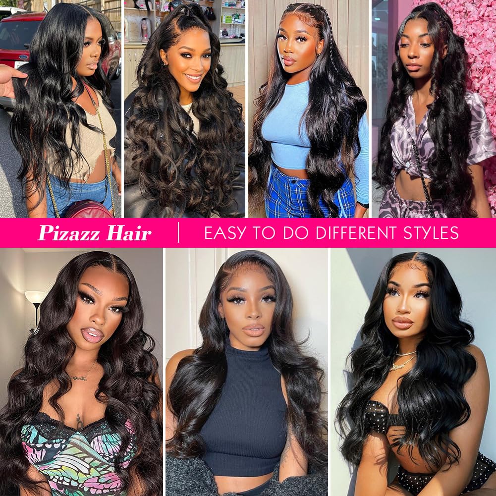 Pizazz 13x6 HD Transparent Lace Front Wigs Human hair Pre Plucked 180 Density Brazilian Body Wave Frontal Wigs Human Hair with Baby Hair Natural Hairline Natural Black Color 28Inch