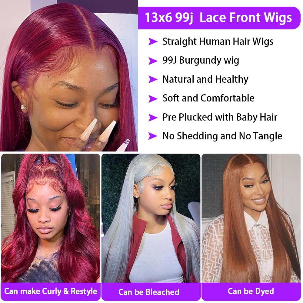 CHEETAHBEAUTY 99j Burgundy Lace Front Wigs Human Hair 26Inch 13x6 Burgundy Wig Human Hair 220% Density Brazilian Virgin Straight Human Hair Wigs for Women Pre Plucked with Baby Hair