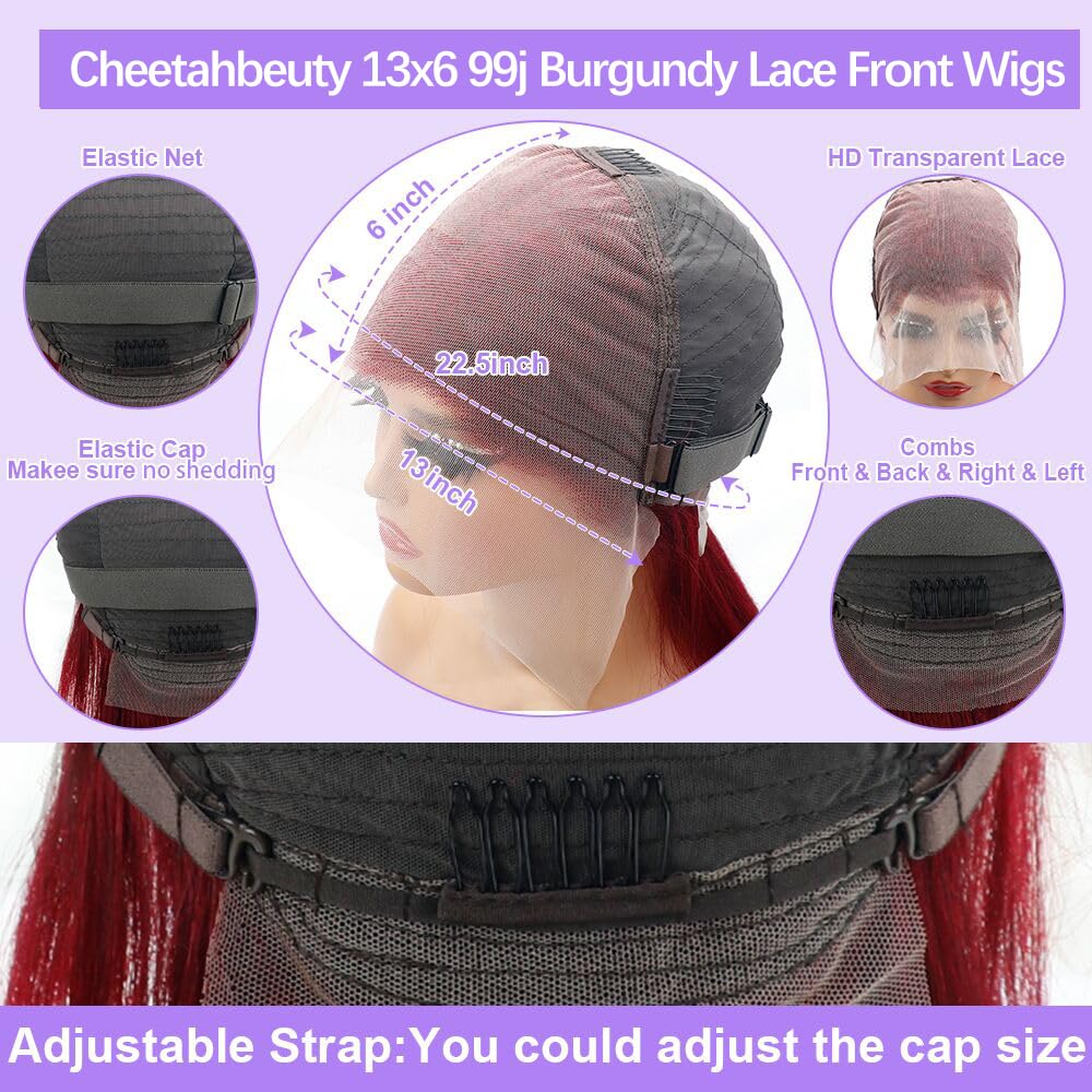 CHEETAHBEAUTY 99j Burgundy Lace Front Wigs Human Hair 26Inch 13x6 Burgundy Wig Human Hair 220% Density Brazilian Virgin Straight Human Hair Wigs for Women Pre Plucked with Baby Hair