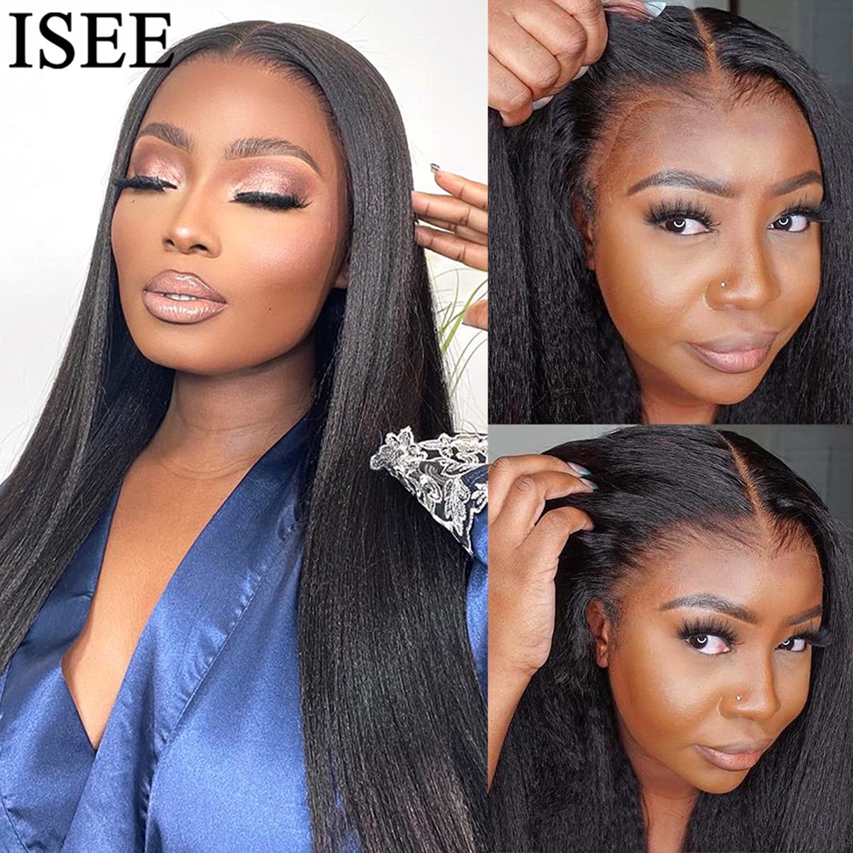 ISEE HAIR Lace Front Wigs Human Hair Kinky Straight Wear & Go Glueless Wigs Natural Hairline Pre Cut 7x5 HD Lace Closure Wig Beginner Friendly 180% Density (Natural Color, 20 Inch)