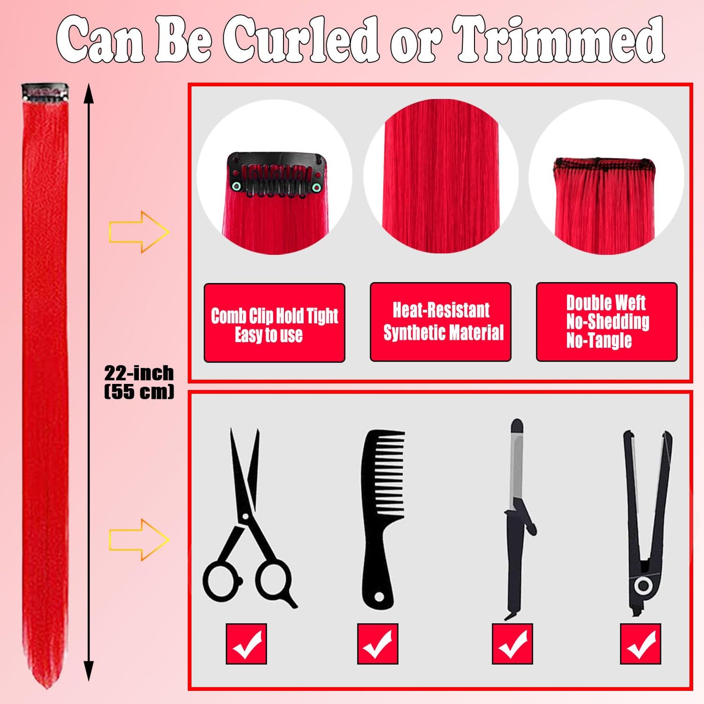 12 PCS Red Hair Extensions Clip in, 22 Inch Colored Hair Extensions Party Highlights Long Straight Synthetic Hairpieces for Women Kids Girls Cosplay