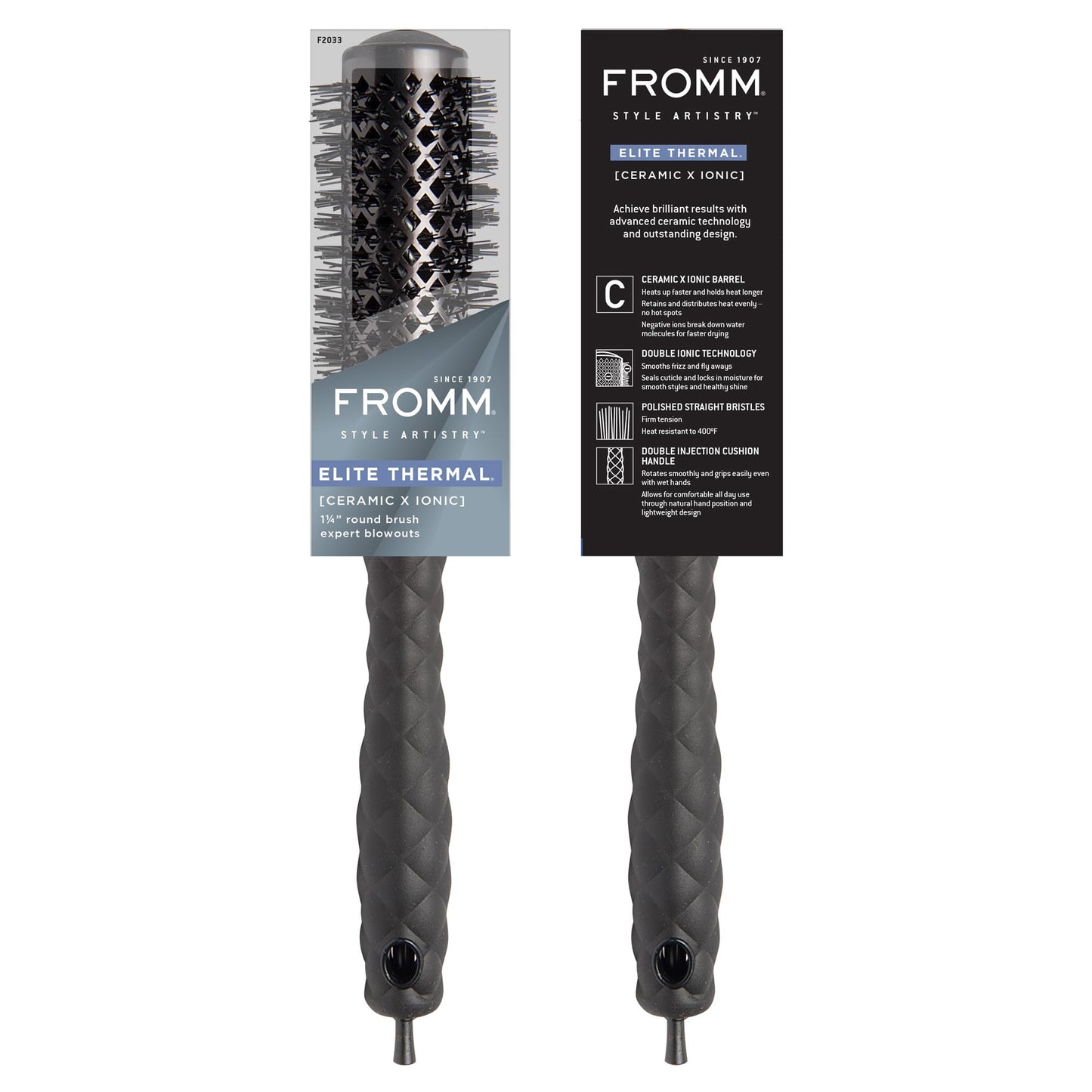 Fromm Elite Thermal Ceramic x Ionic 1.25 Inch Round Hair Brush for Expert Blowouts, Hair Drying, Extended Barrel for Anti-Static Styling, Smoothing, Straightening, and Shine, Ideal for Short Hair