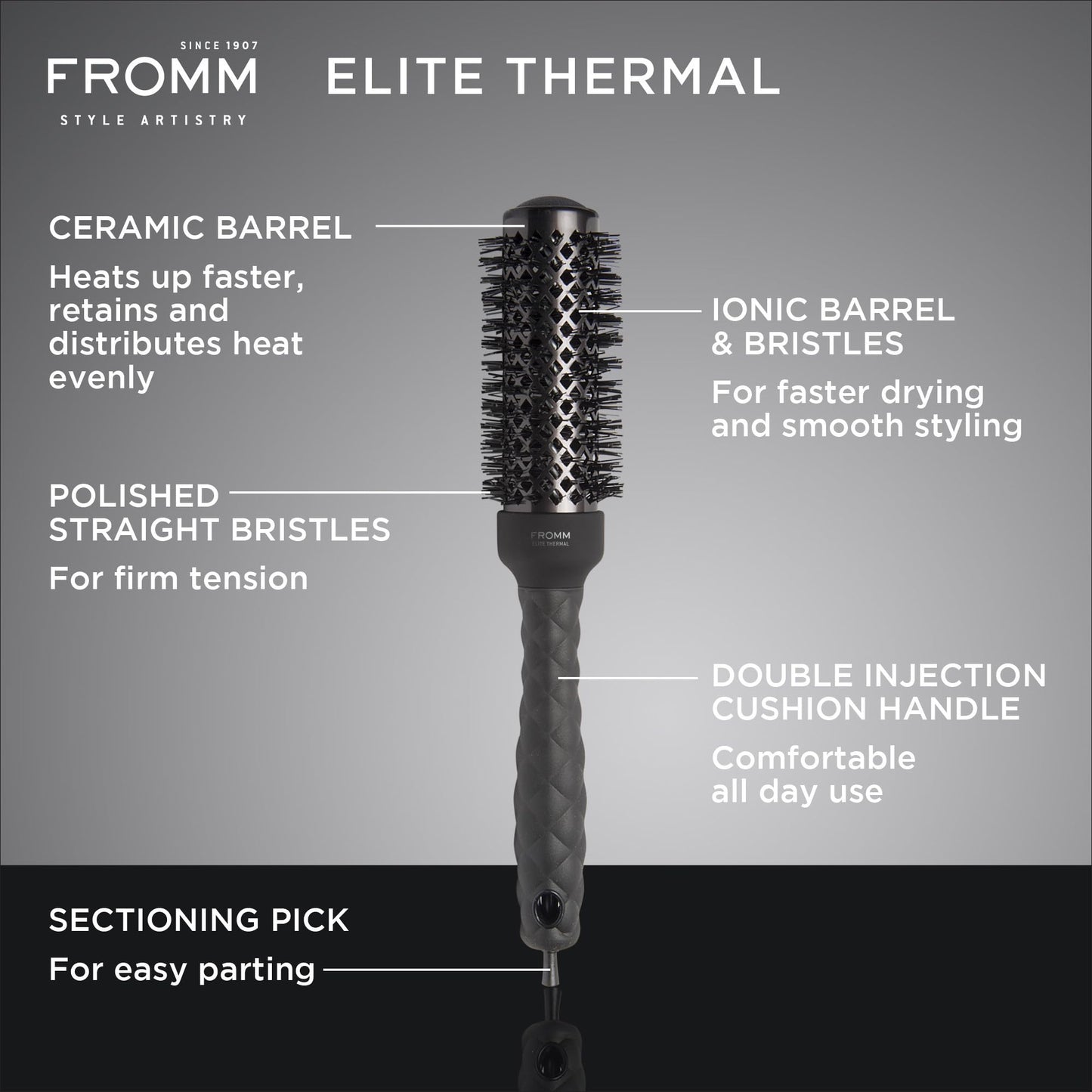 Fromm Elite Thermal Ceramic x Ionic 1.25 Inch Round Hair Brush for Expert Blowouts, Hair Drying, Extended Barrel for Anti-Static Styling, Smoothing, Straightening, and Shine, Ideal for Short Hair