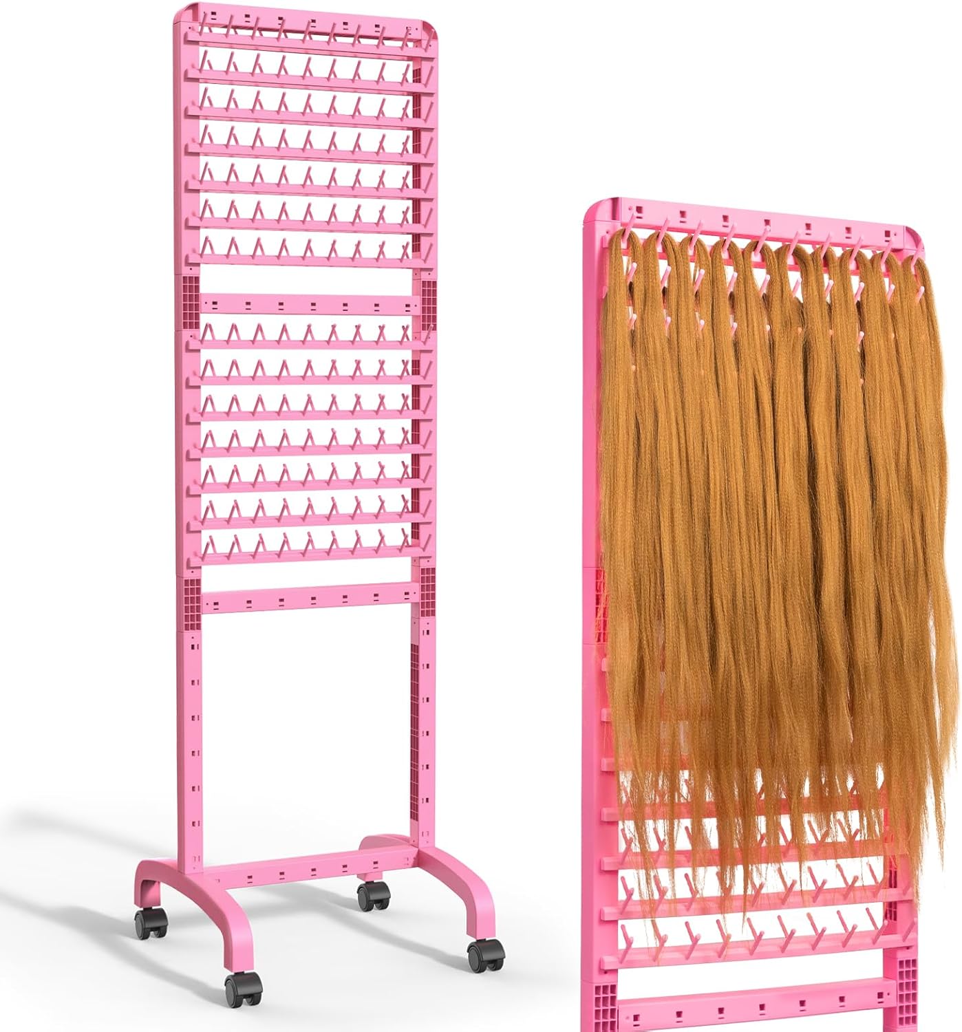 Adjustable Braiding Rack 280 Pegs, 2-Sided Braiding Hair Rack, Hair Racks for Braiders Standing with Wheels, Pink Hair Separator Braid Rack for Braiders Standing for Stylists