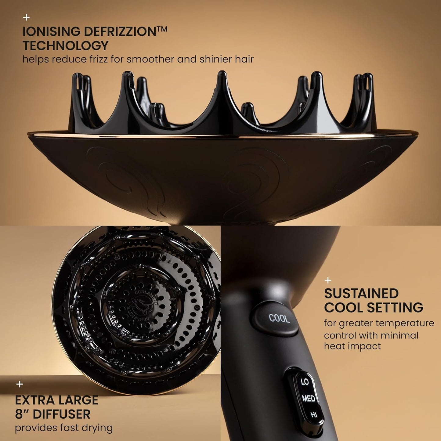 Curlsmith Defrizzion Hair Dryer - for Curly Hair w/Extra Large 8" Diffuser for Fast Drying, 2 Speeds, 3 Heat Settings, Sustained Cool Setting with Minimal Heat Impact