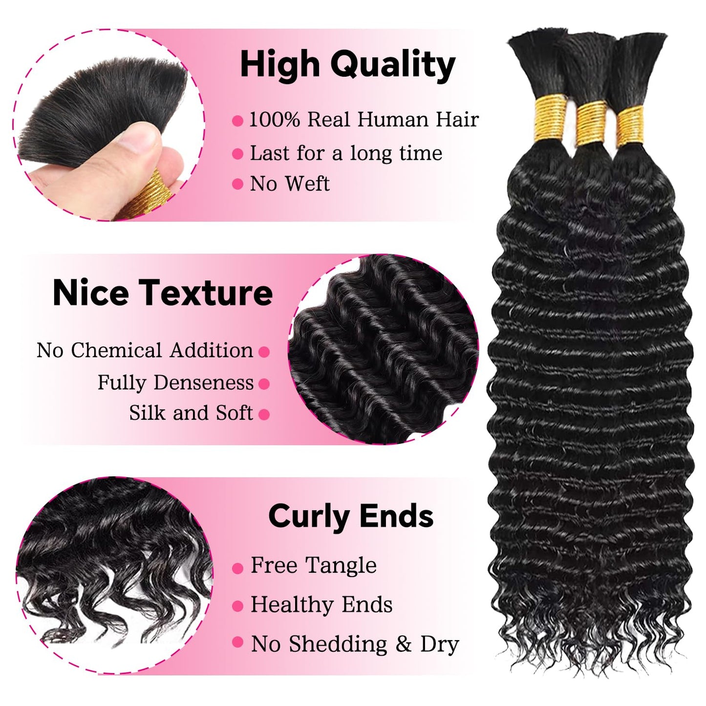 22 Inch Human Braiding Hair for Boho Braids Deep Wave Bulk Human Hair 100% Unprocessed Brazilian Virgin Hair for Braiding Bohemian No Weft 3 Bundles 110g Natural Color