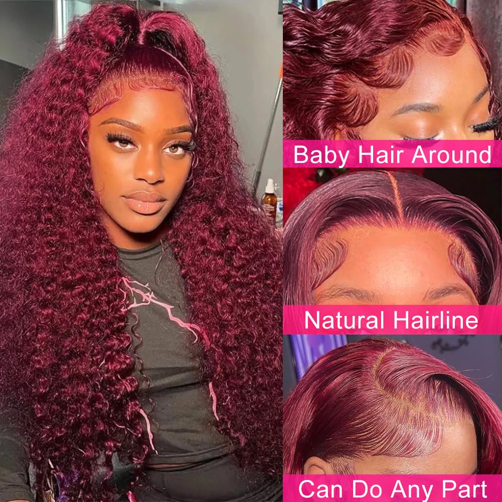 Pizazz 99J Burgundy Lace Front Wigs Human Hair Pre Plucked 12A 13x4 HD Lace Frontal Wigs with Baby Hair 180 Density Red Deep Wave Human Hair Wigs for Women(26 Inch)