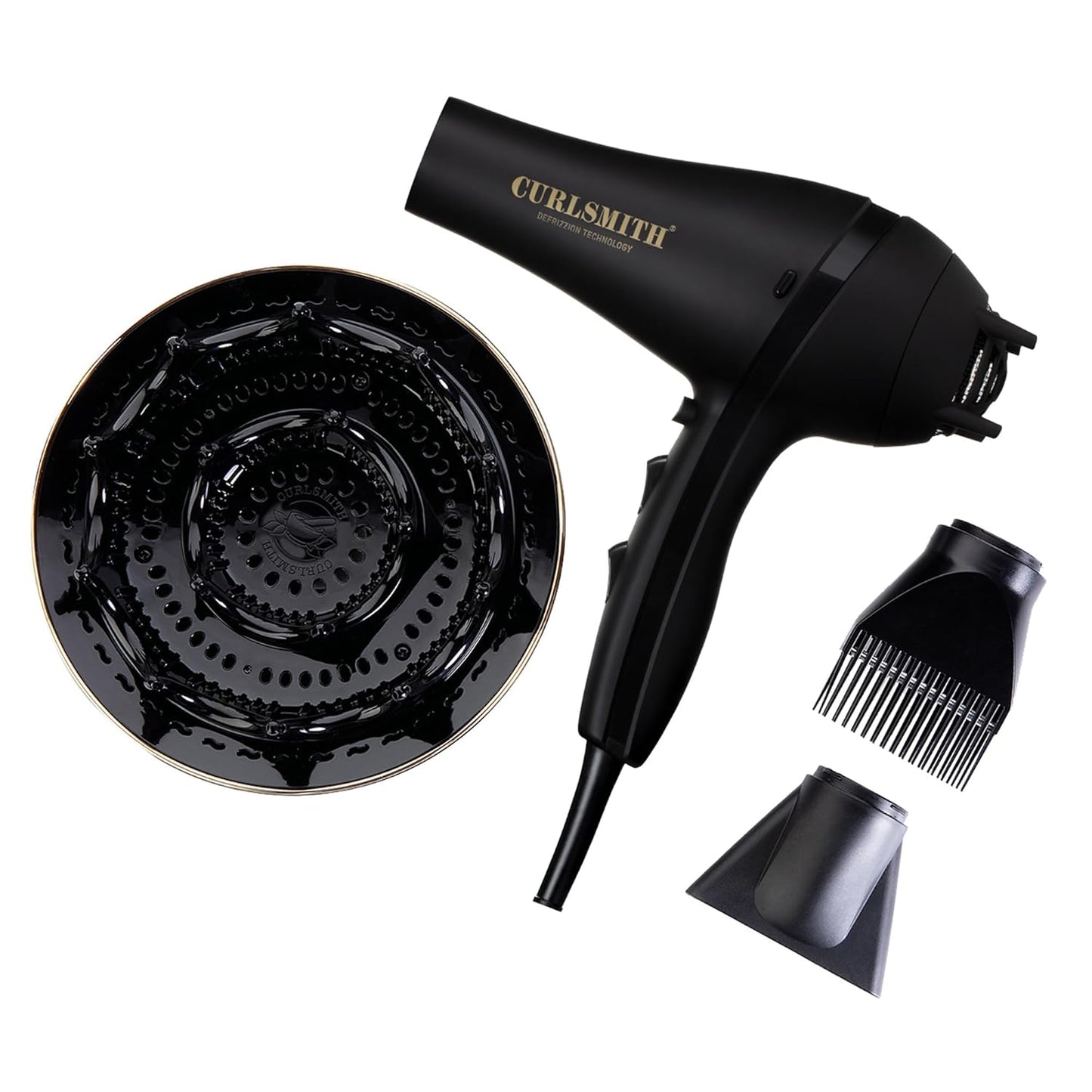 Curlsmith Defrizzion Hair Dryer - for Curly Hair w/Extra Large 8" Diffuser for Fast Drying, 2 Speeds, 3 Heat Settings, Sustained Cool Setting with Minimal Heat Impact