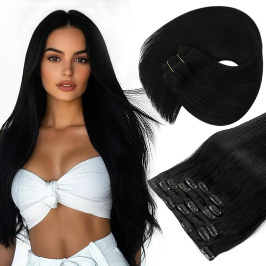 Sunny Hair Clip in Hair Extensions Straight Human Hair Clip in Extensions Remy Clip in Hair Extensions Real Human Hair Extensions Clip ins Jet Black for Women 22inch