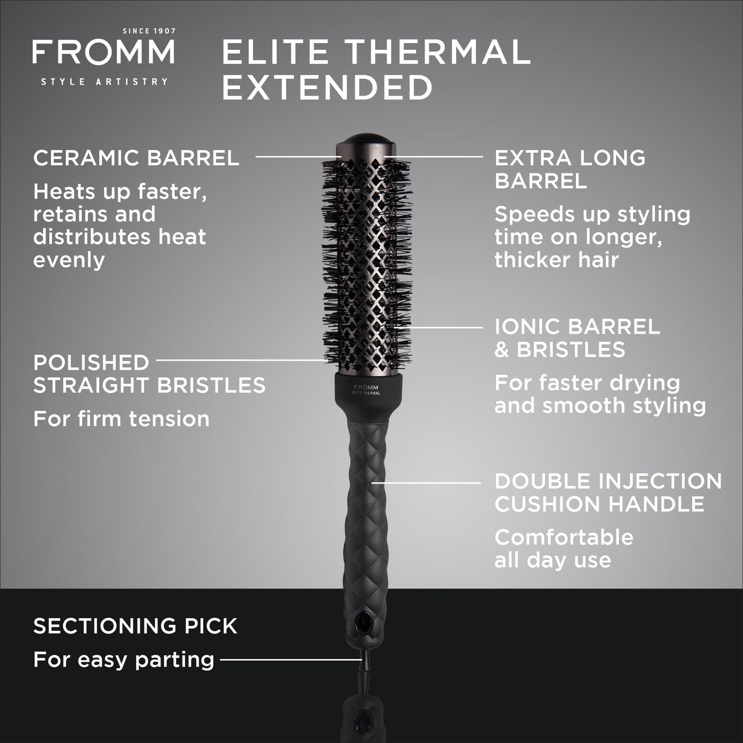 Fromm Elite Thermal Ceramic x Ionic 1.25 Inch Round Hair Brush for Expert Blowouts, Hair Drying, Extended Barrel for Anti-Static Styling, Smoothing, Straightening, and Shine, Ideal for Short Hair