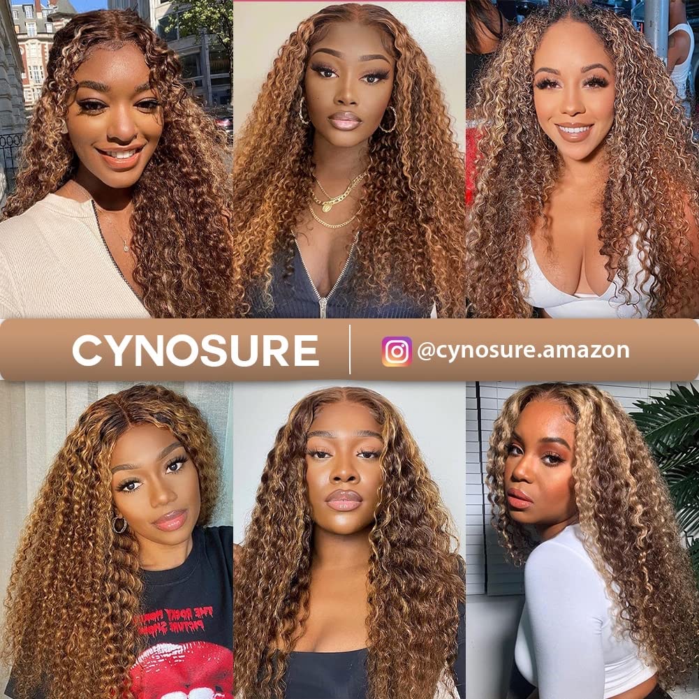 CYNOSURE 13x5 Highlight Ombre Deep Curly Lace Front Wigs Human Hair 26Inch Honey Blonde Jerry Curly Wig Human Hair HD Transparent Lace Frontal Wigs Pre Plucked 180 Density Human Hair for Women