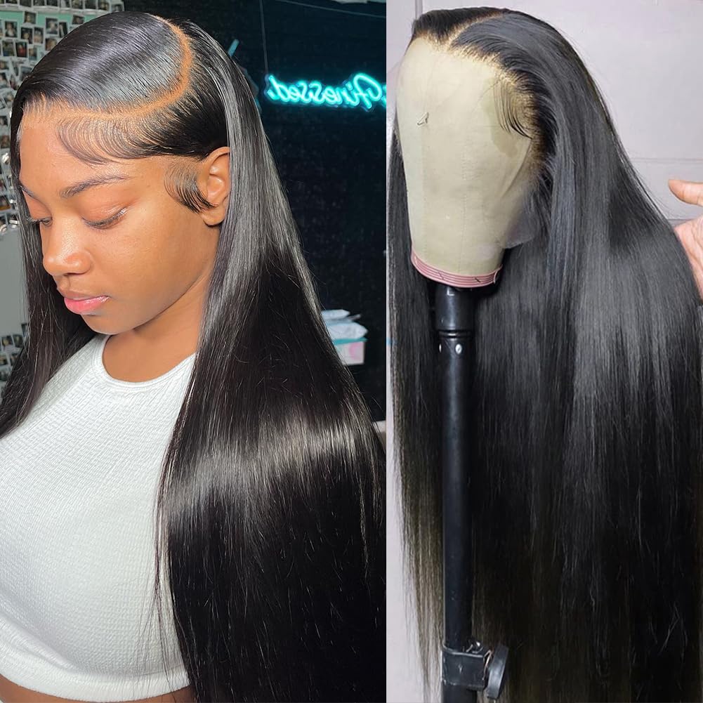 Iris Queen 28 Inch Straight HD Lace Front Wigs Human Hair Pre Plucked 12A 180 Density 13x4 Transparent Lace Frontal Wig with Baby Hair Natural Black for Women