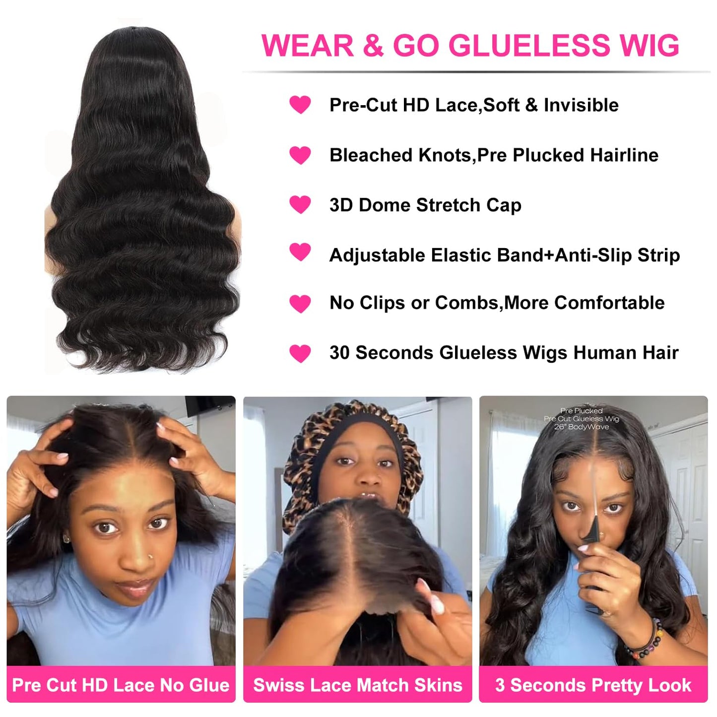 Wear and Go Glueless Wigs Human Hair Pre Cut HD Lace 5X5 Body Wave Lace Wigs Human Hair Pre Plucked 180% Density 3 Seconds to Wear Glueless Wigs for Beginners 28 Inch, Black