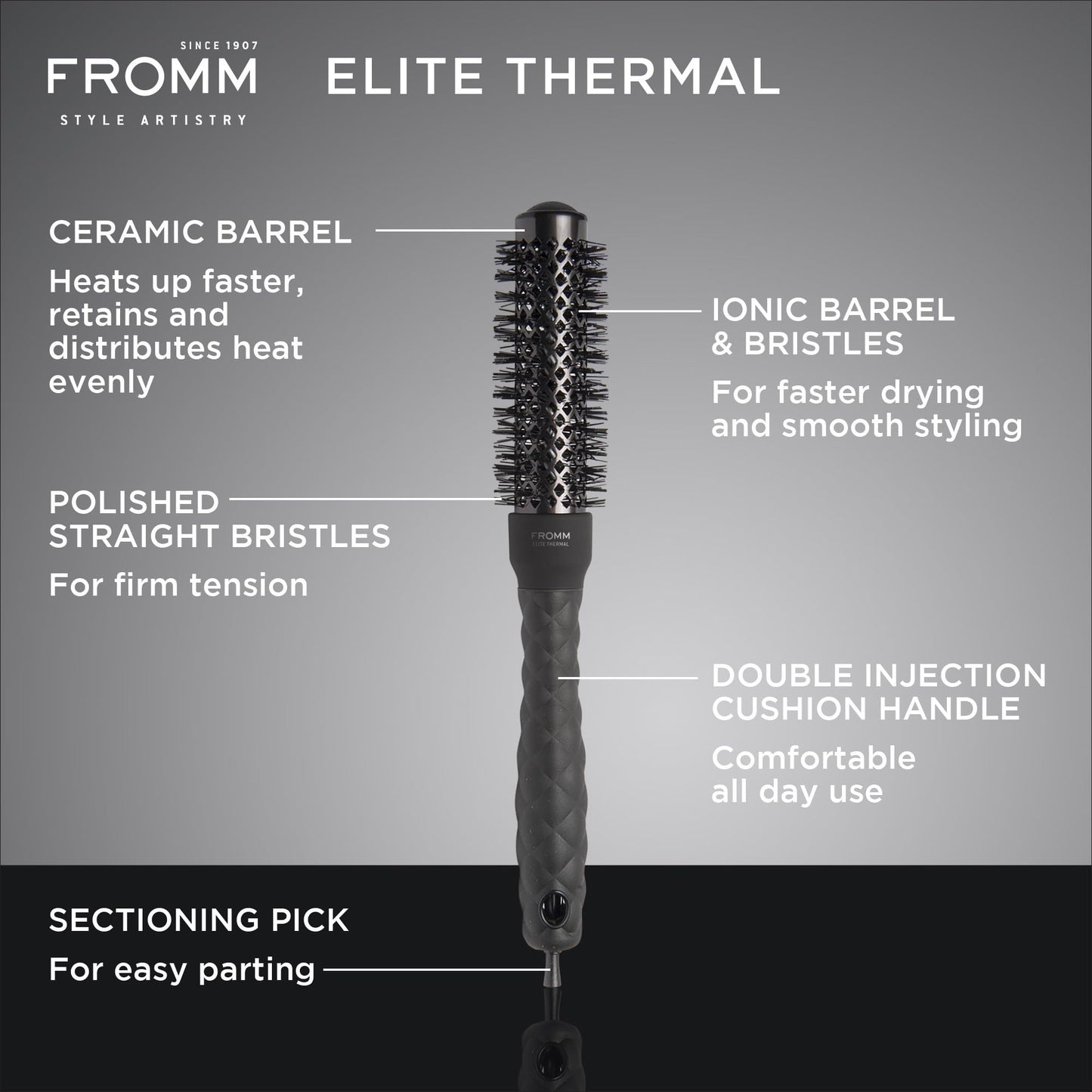Fromm Elite Thermal Ceramic x Ionic 1.25 Inch Round Hair Brush for Expert Blowouts, Hair Drying, Extended Barrel for Anti-Static Styling, Smoothing, Straightening, and Shine, Ideal for Short Hair