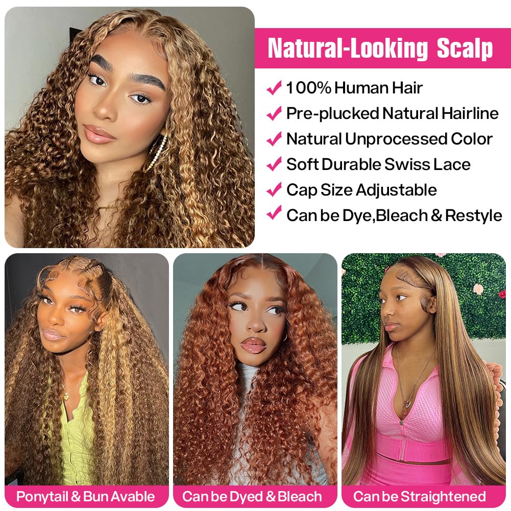 CYNOSURE 13x5 Highlight Ombre Deep Curly Lace Front Wigs Human Hair 26Inch Honey Blonde Jerry Curly Wig Human Hair HD Transparent Lace Frontal Wigs Pre Plucked 180 Density Human Hair for Women