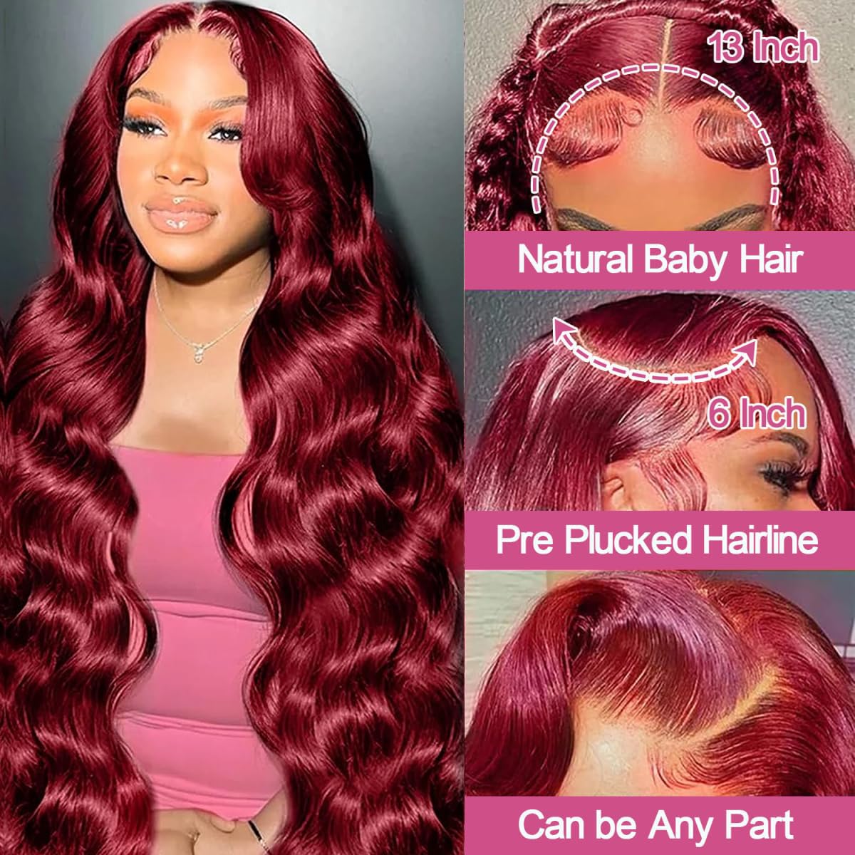 28 Inch 99j Burgundy Lace Front Wigs Human Hair Red Burgundy Wig 180% Density 13x6 Body Wave Lace Front Wigs Pre Plucked Glueless Lace Front Wigs Human Hair for Women