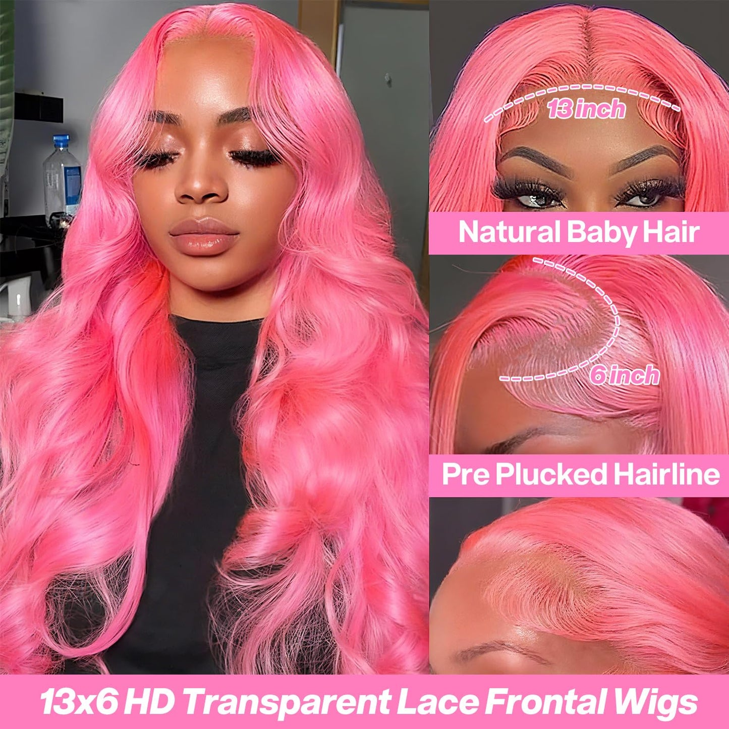Pink 13x6 Lace Front Wigs Human Hair 200 Density HD Wear and Go Glueless Body Wave Lace Front Wigs Human Hair Pre Plucked Pre Cut Frontal Body Wave Wig for Women 30 Inch
