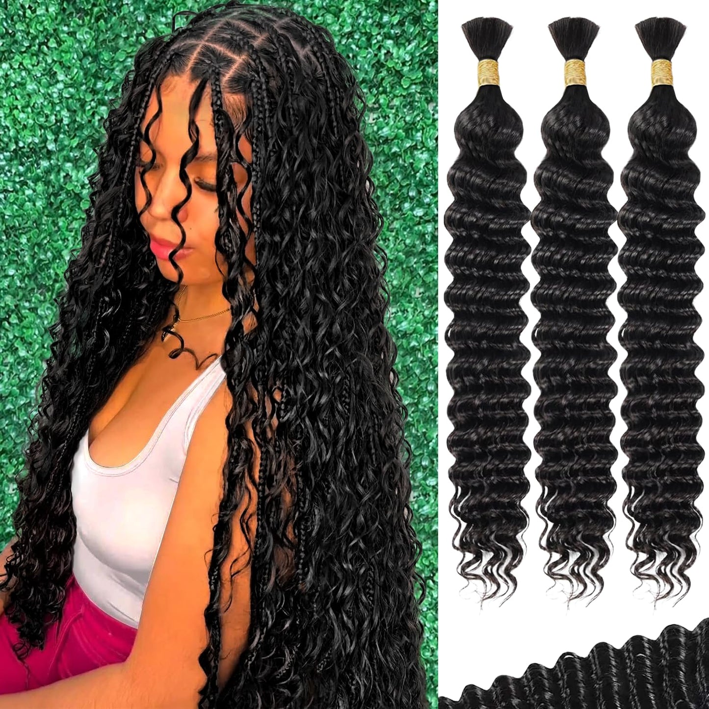 22 Inch Human Braiding Hair for Boho Braids Deep Wave Bulk Human Hair 100% Unprocessed Brazilian Virgin Hair for Braiding Bohemian No Weft 3 Bundles 110g Natural Color