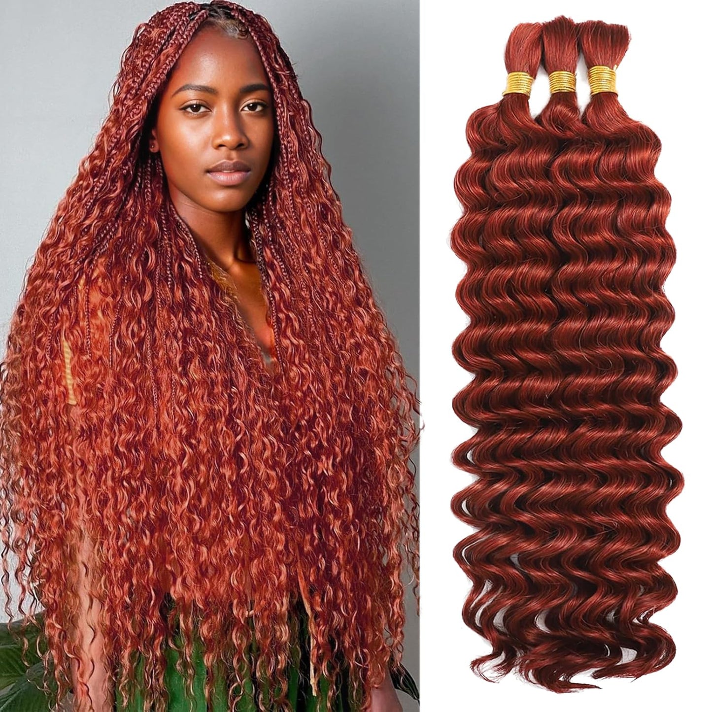 22 Inch Human Braiding Hair for Boho Braids Deep Wave Bulk Human Hair 100% Unprocessed Brazilian Virgin Hair for Braiding Bohemian No Weft 3 Bundles 110g Natural Color