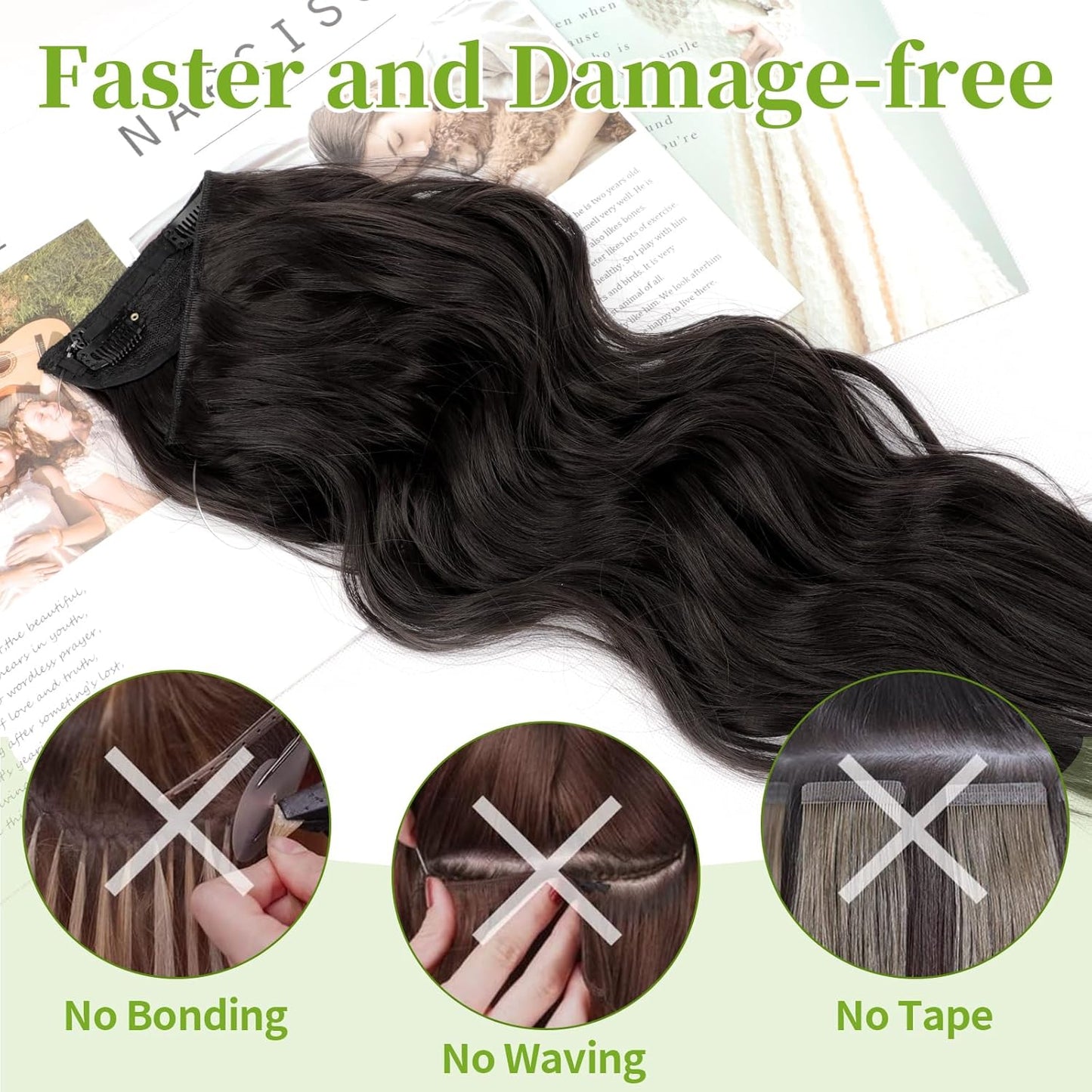 KooKaStyle Invisible Wire Hair Extensions with Transparent Wire Adjustable Size 4 Secure Clips Long Wavy Secret Synthetic Hairpiece 20 Inch 120g Rich Dark Brown with Warm Tones for Women