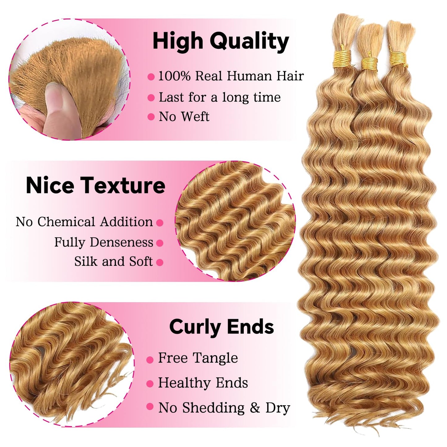 22 Inch Human Braiding Hair for Boho Braids Deep Wave Bulk Human Hair 100% Unprocessed Brazilian Virgin Hair for Braiding Bohemian No Weft 3 Bundles 110g Natural Color