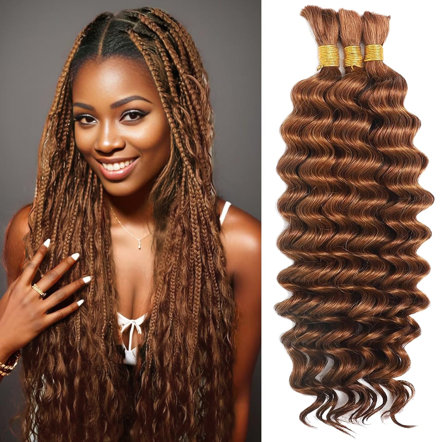 22 Inch Human Braiding Hair for Boho Braids Deep Wave Bulk Human Hair 100% Unprocessed Brazilian Virgin Hair for Braiding Bohemian No Weft 3 Bundles 110g Natural Color