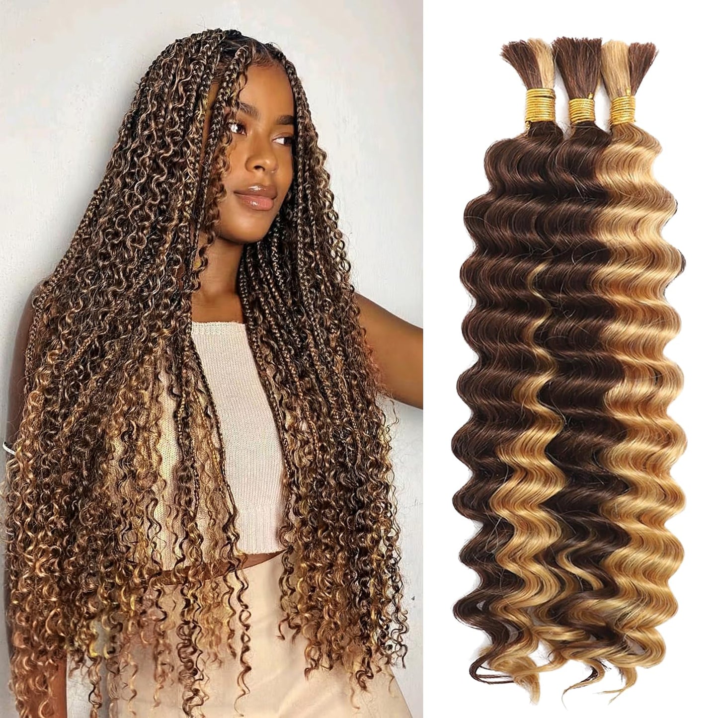 22 Inch Human Braiding Hair for Boho Braids Deep Wave Bulk Human Hair 100% Unprocessed Brazilian Virgin Hair for Braiding Bohemian No Weft 3 Bundles 110g Natural Color
