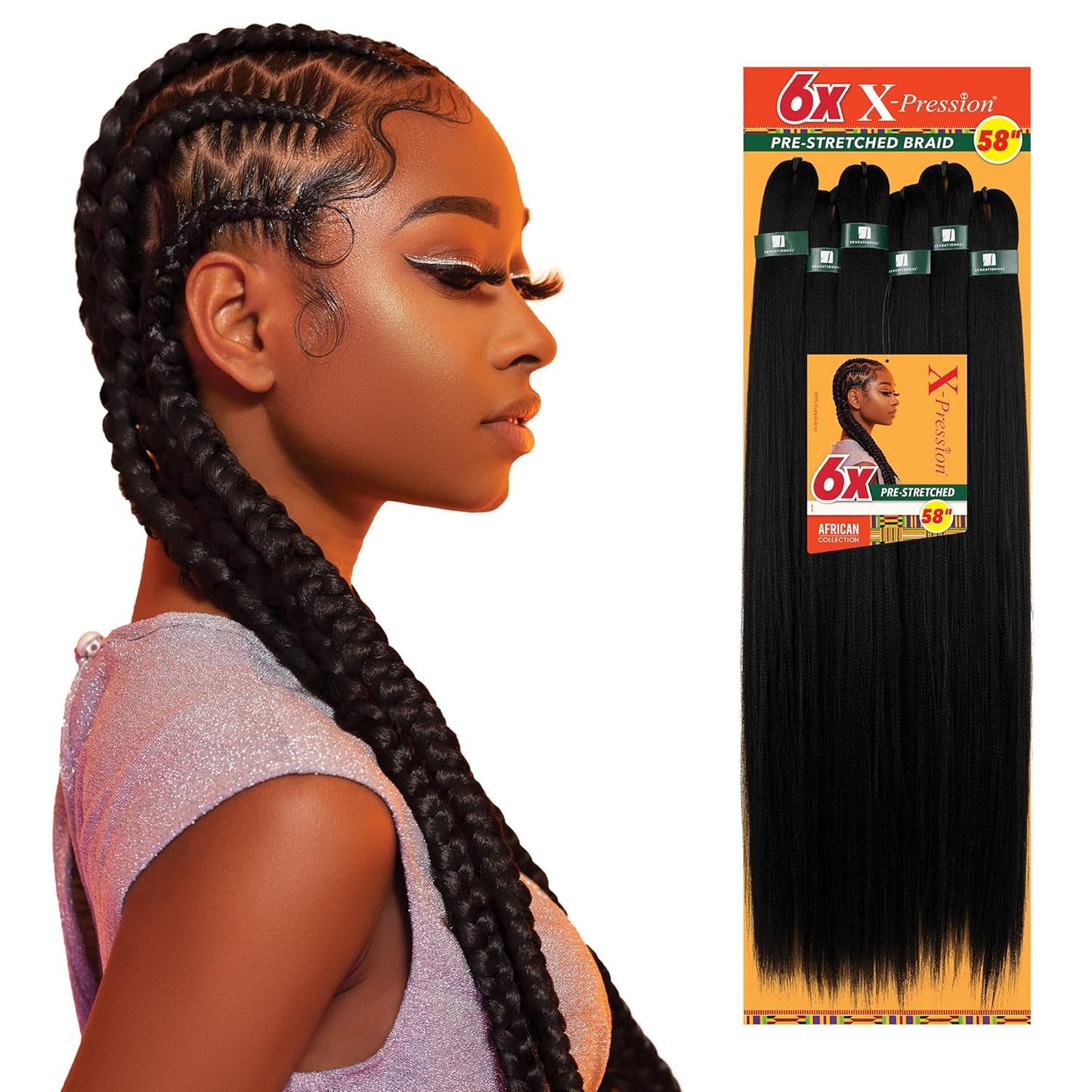 Sensationnel X-pression prestretched braiding hair - 6x braid 58 inch all kanekalon flame retardant synthetic braid for box braids and twists (1B OFFBLACK)