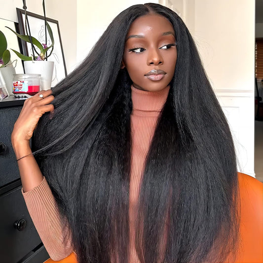ISEE HAIR Lace Front Wigs Human Hair Kinky Straight Wear & Go Glueless Wigs Natural Hairline Pre Cut 7x5 HD Lace Closure Wig Beginner Friendly 180% Density (Natural Color, 20 Inch)