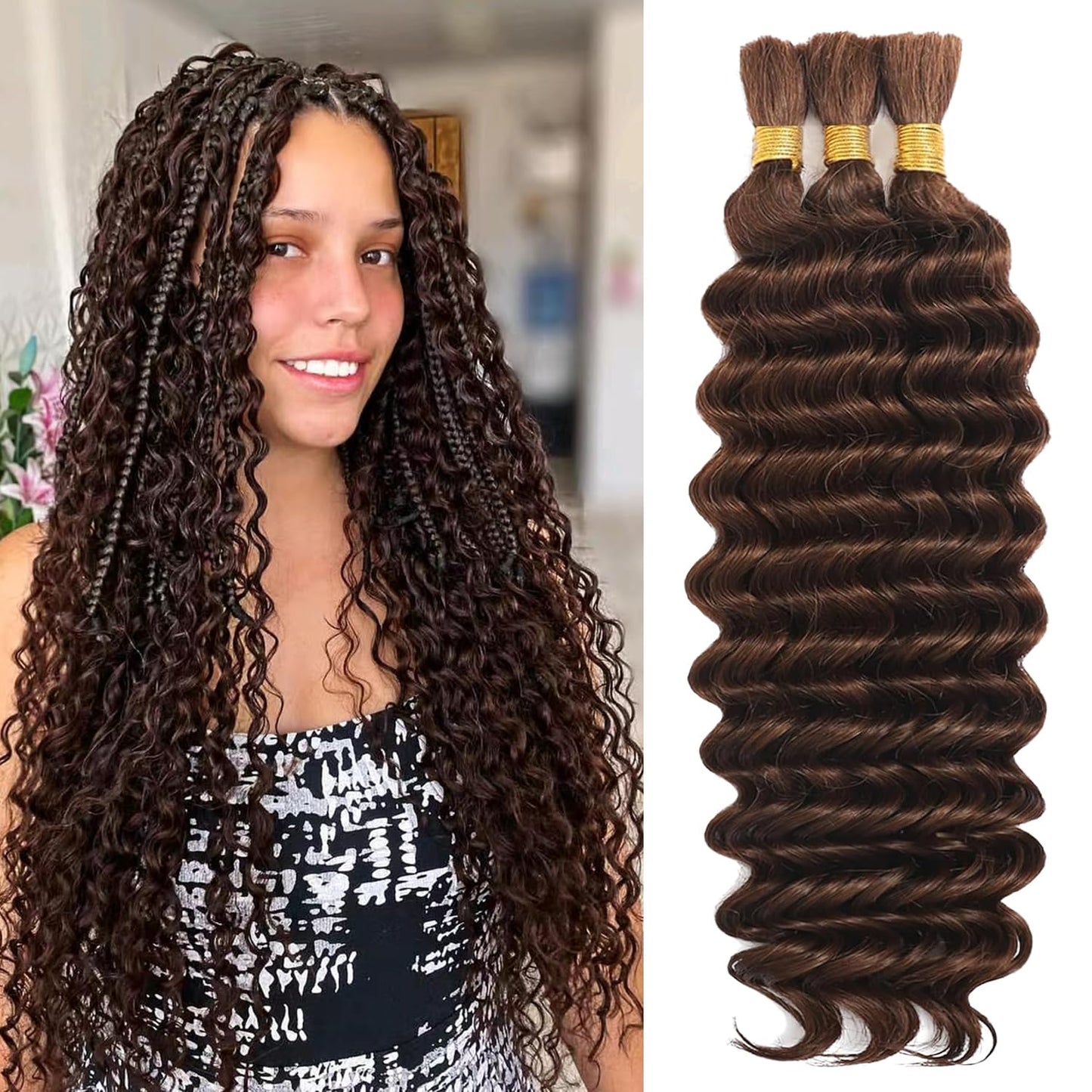 22 Inch Human Braiding Hair for Boho Braids Deep Wave Bulk Human Hair 100% Unprocessed Brazilian Virgin Hair for Braiding Bohemian No Weft 3 Bundles 110g Natural Color