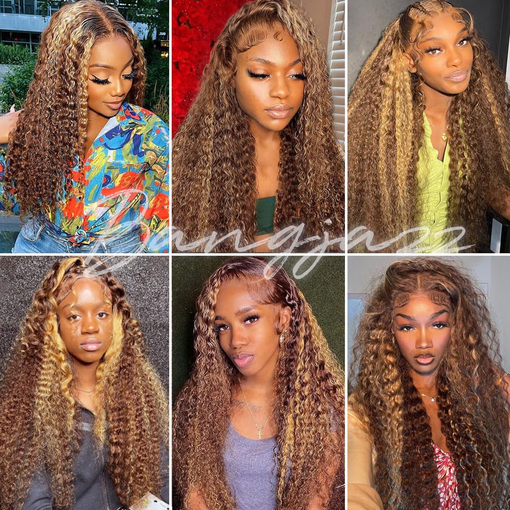bangjazz 26 Inch Highlight Ombre Lace Front Wig Human Hair Deep Wave 13x4 HD Lace Frontal Wigs Human Hair 180% Density P4/27 Colored Curly Wigs for Women Glueless Pre Plucked Wig