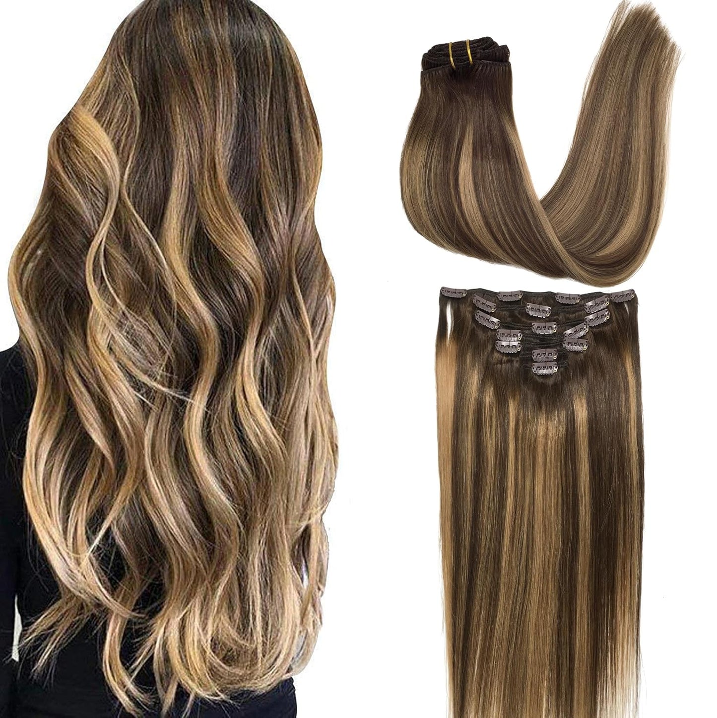 GOO GOO Clip in Hair Extensions Real Human Hair, Remy Human Hair Extensions Clip ins for Women, Natural Human Hair, 18inch 120g 7Pcs, 4/27/4 Balayage Chocolate Brown to Caramel Blonde