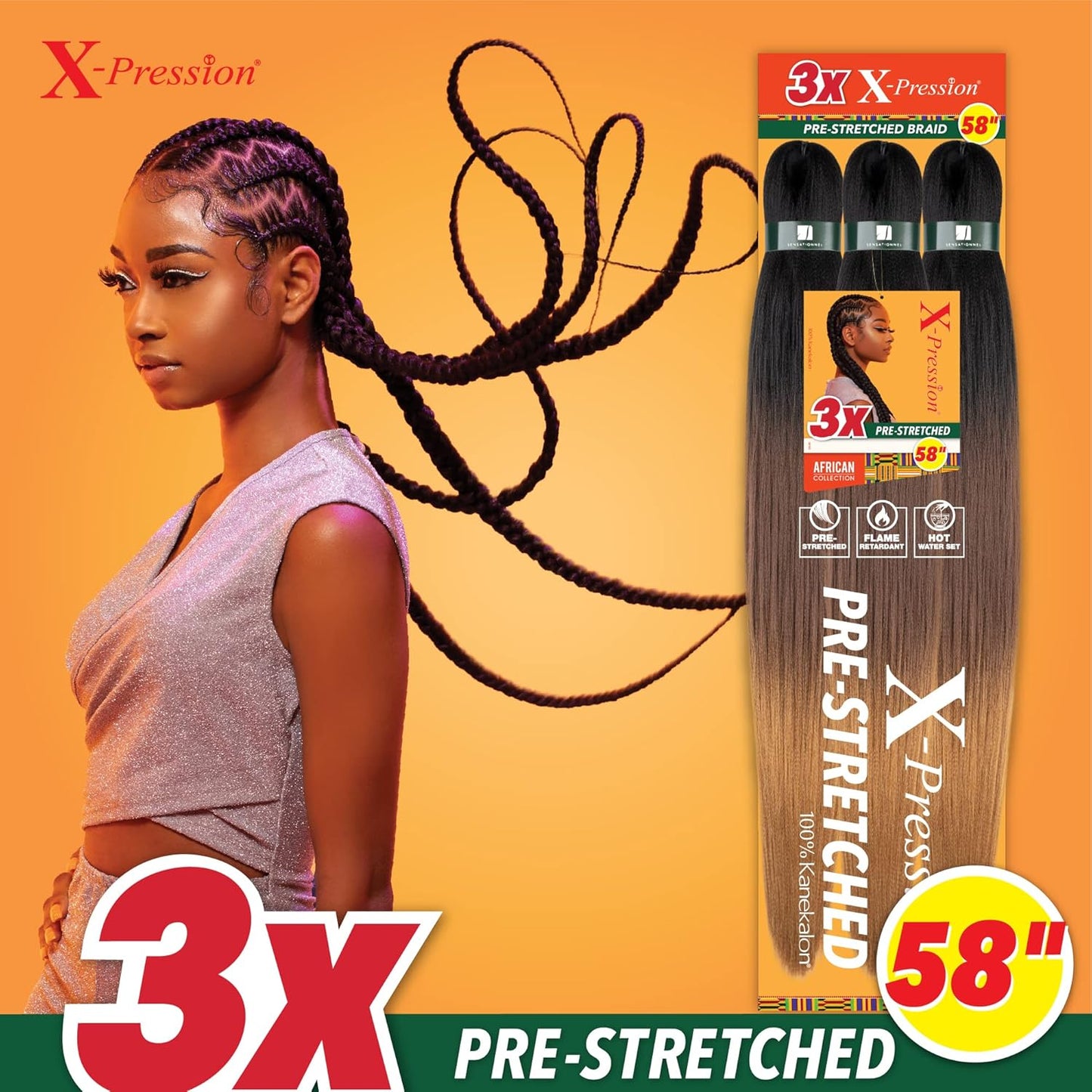 Sensationnel X-pression prestretched braiding hair - 3x braid 58 inch all kanekalon flame retardant synthetic braid for box braids and twists (1 pack, 1B OFFBLACK)