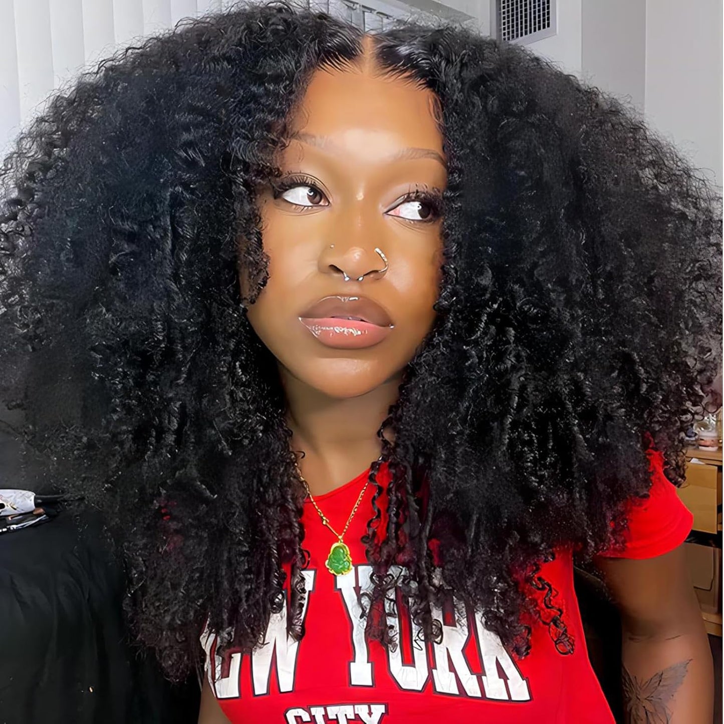 ISEE Wear and Go Glueless Wig Afro Kinky Curly Lace Front Wigs Human Hair 7x5 HD Lace Afro Curly Wigs for Women Lace Pre Cut Glueless Wigs Human Hair Pre Plucked 16 Inch