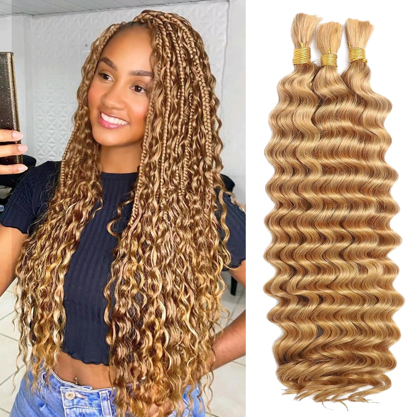 22 Inch Human Braiding Hair for Boho Braids Deep Wave Bulk Human Hair 100% Unprocessed Brazilian Virgin Hair for Braiding Bohemian No Weft 3 Bundles 110g Natural Color